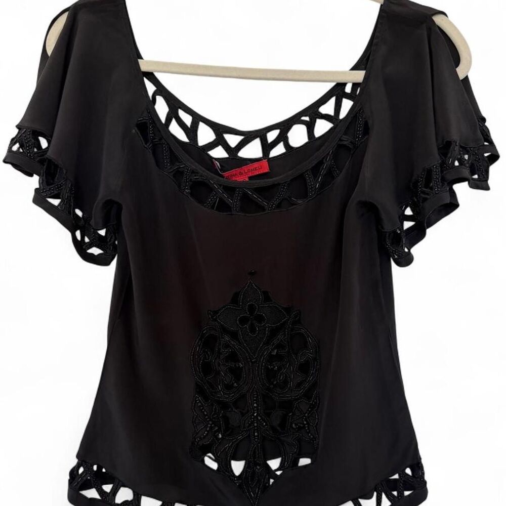 Vintage Y2K Lapetina & Lomeli Beaded Silk Blouse Fairy Goth Top XS